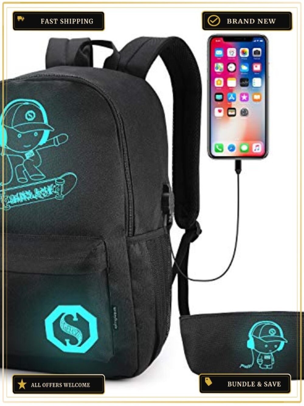 Teen Boys Backpack USB Charging Port Anti Theft Lock Waterproof Laptop Bag